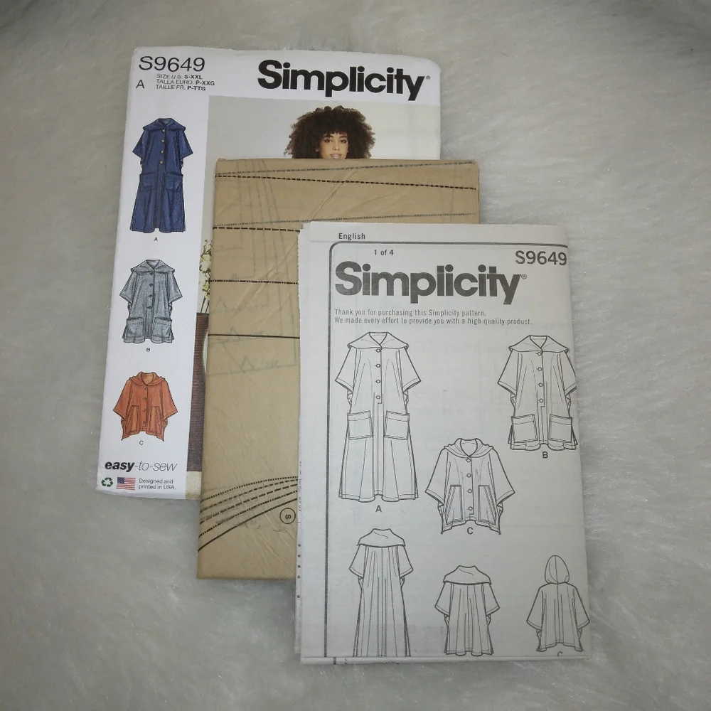 SIMPLICITY S9649 SZ S-XXL Misses easy to Sew ponchos in 3 variations